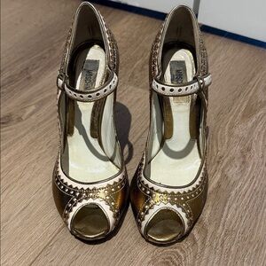 Moschino Metallic Gold and Cream Peep Toe Heels